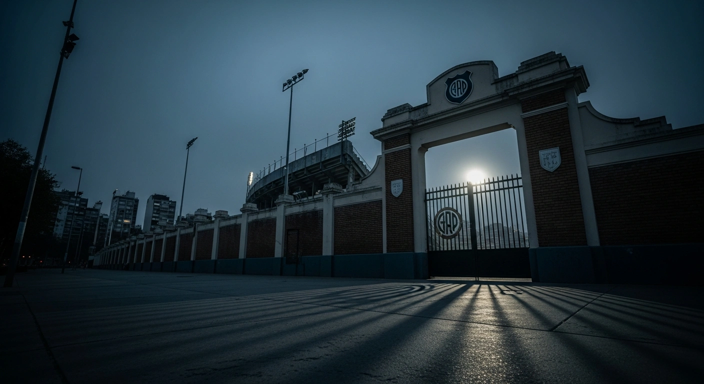 The historic stadium entrance of San Lorenzo in Buenos Aires stands in the twilight as fans debate the club's potential transition to a public limited sports company.