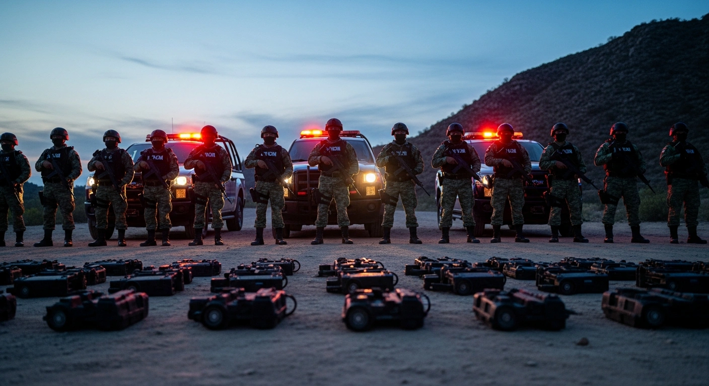 Members of the State Civil Guard stand in formation during a security operation in San Luis Potosí where illegal weapons and substances were seized.