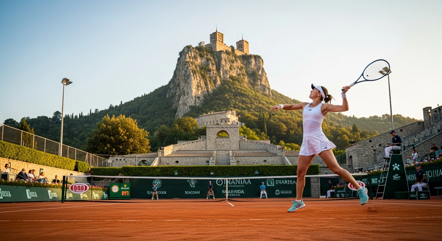 A professional tennis player serves on a clay court in San Marino with the historic Mount Titano in the background during the Billie Jean King Cup.