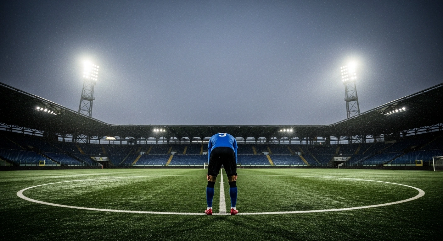A lone San Marino Calcio football player stands dejectedly on a rain-slicked pitch in a dimly lit stadium at dusk, symbolizing the team's 0-4 loss and serious risk of relegation from Serie D.