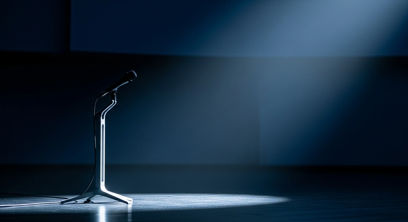 A solitary microphone stand sits on a dark, spotlighted stage representing San Marino RTV's strategic planning for the 2027 Eurovision Song Contest.