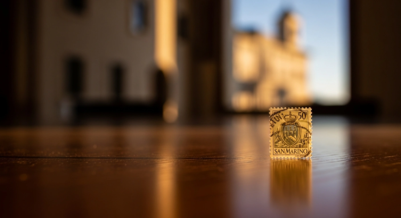 A single, intricately detailed postage stamp, illuminated by warm light on a polished wooden surface, symbolizes Poste San Marino's 2026 philatelic program, which features new postal series including stamps for the San Marino Song Contest and the 70th anniversary of the Europa stamp, celebrating themes of culture, music, art, and social issues.