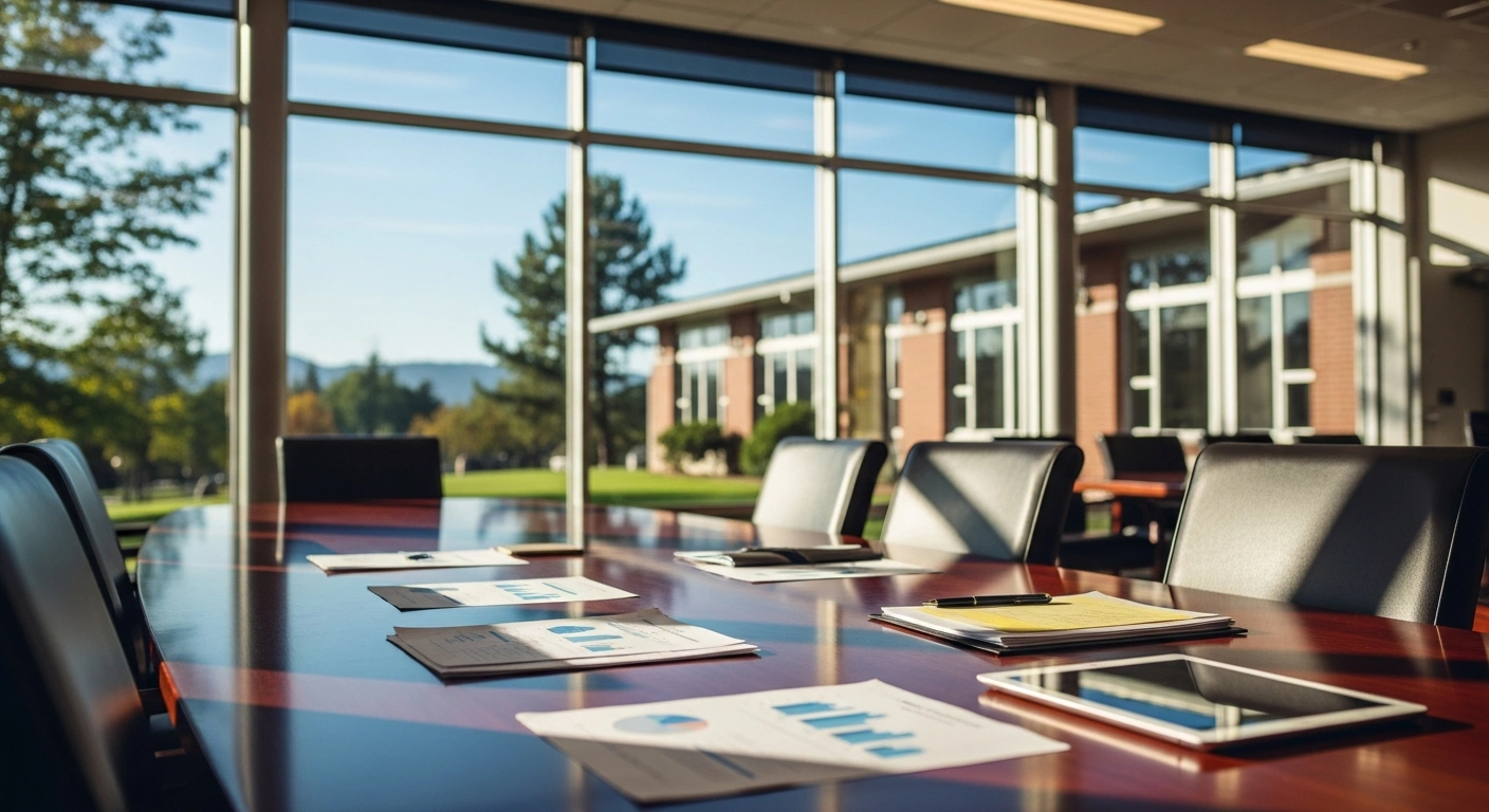 The San Marino Unified School District Board of Education reviews budget documents and labor agreements in a bright, modern meeting room.