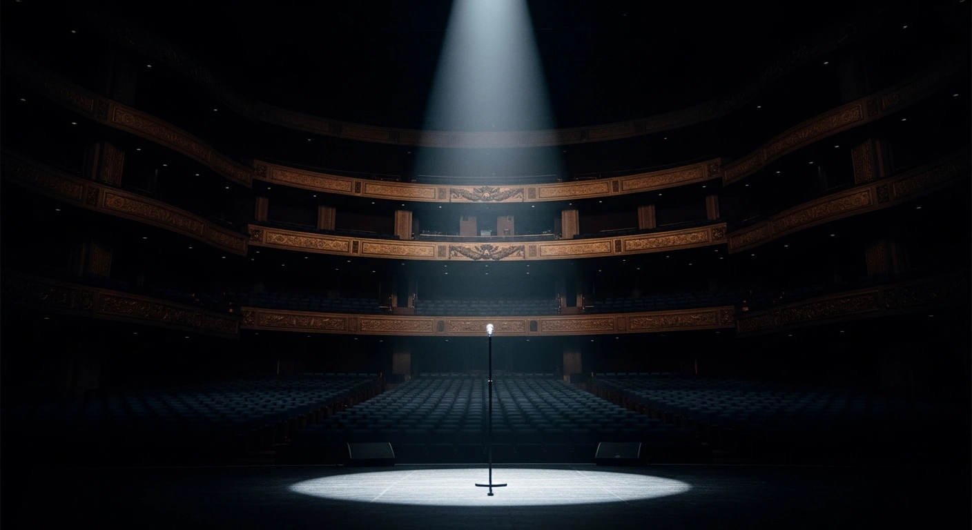 A dramatic image of an empty stage with a single microphone stand under a bright spotlight, symbolizing the upcoming reveal of 40 semi-finalists for the San Marino RTV Dreaming San Marino Song Contest 2026, who are vying for a spot to represent San Marino at Eurovision 2026.