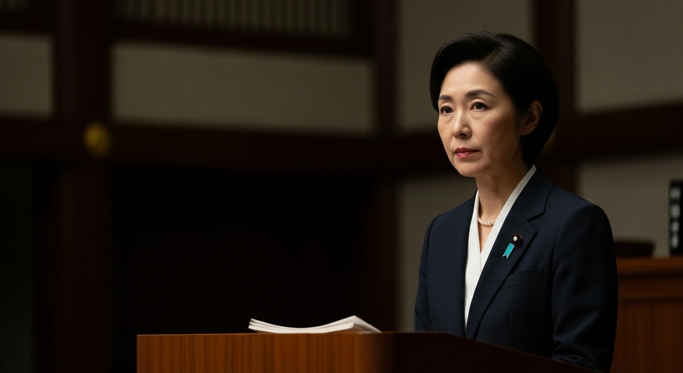 Japanese politician Sanae Takaichi stands at a podium during a serious discussion about historical perspectives on World War II.