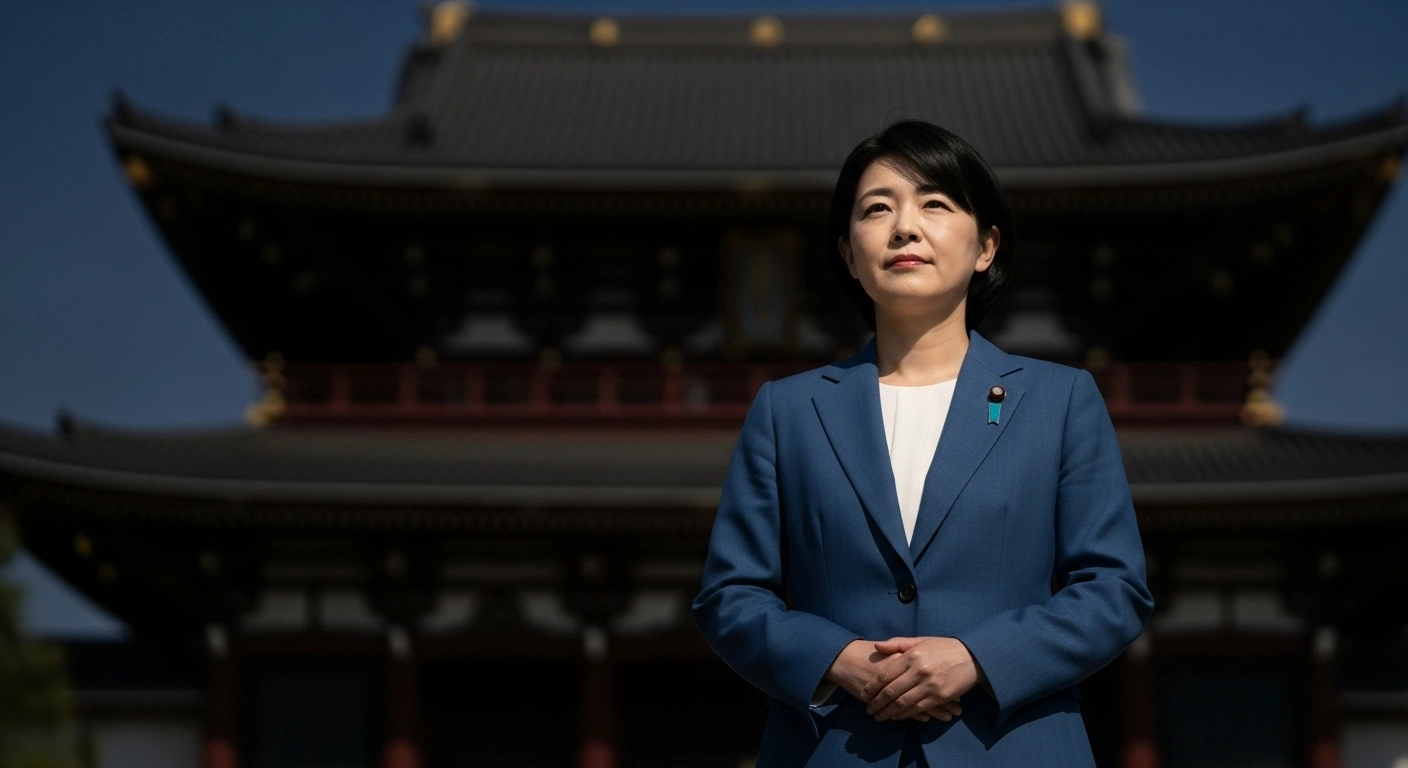 A low-angle, photorealistic image depicts Sanae Takaichi, the newly elected leader of Japan's ruling Liberal Democratic Party, standing confidently before a grand, subtly lit backdrop, symbolizing her historic ascent as the nation's first female Prime Minister.