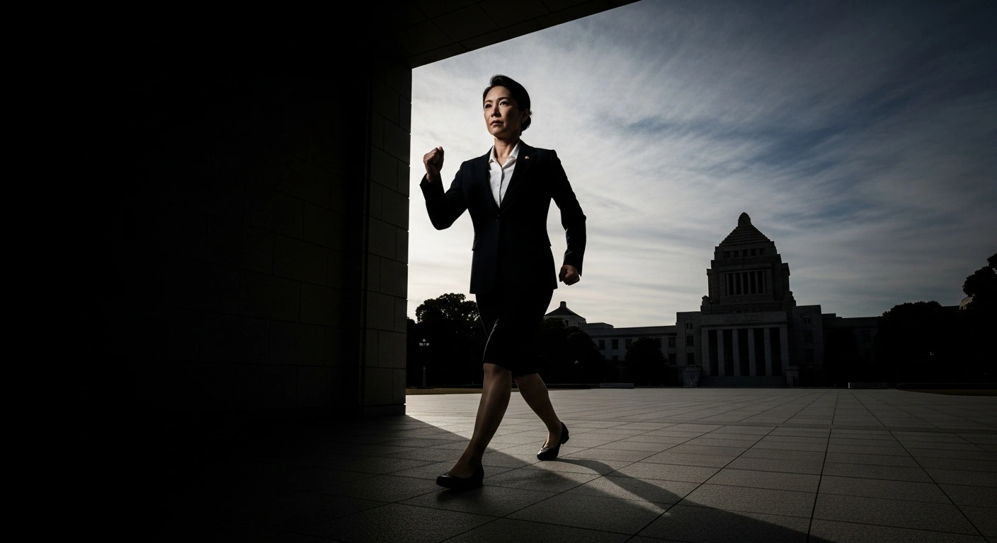A determined Japanese woman, representing Sanae Takaichi, is depicted in a low-angle, cinematic shot, emerging from shadow into a spotlight with the Japanese Diet building in the background, symbolizing her election as the first female leader of Japan's Liberal Democratic Party and her anticipated confirmation as Japan's first female Prime Minister, ushering in a new era for Japanese politics.