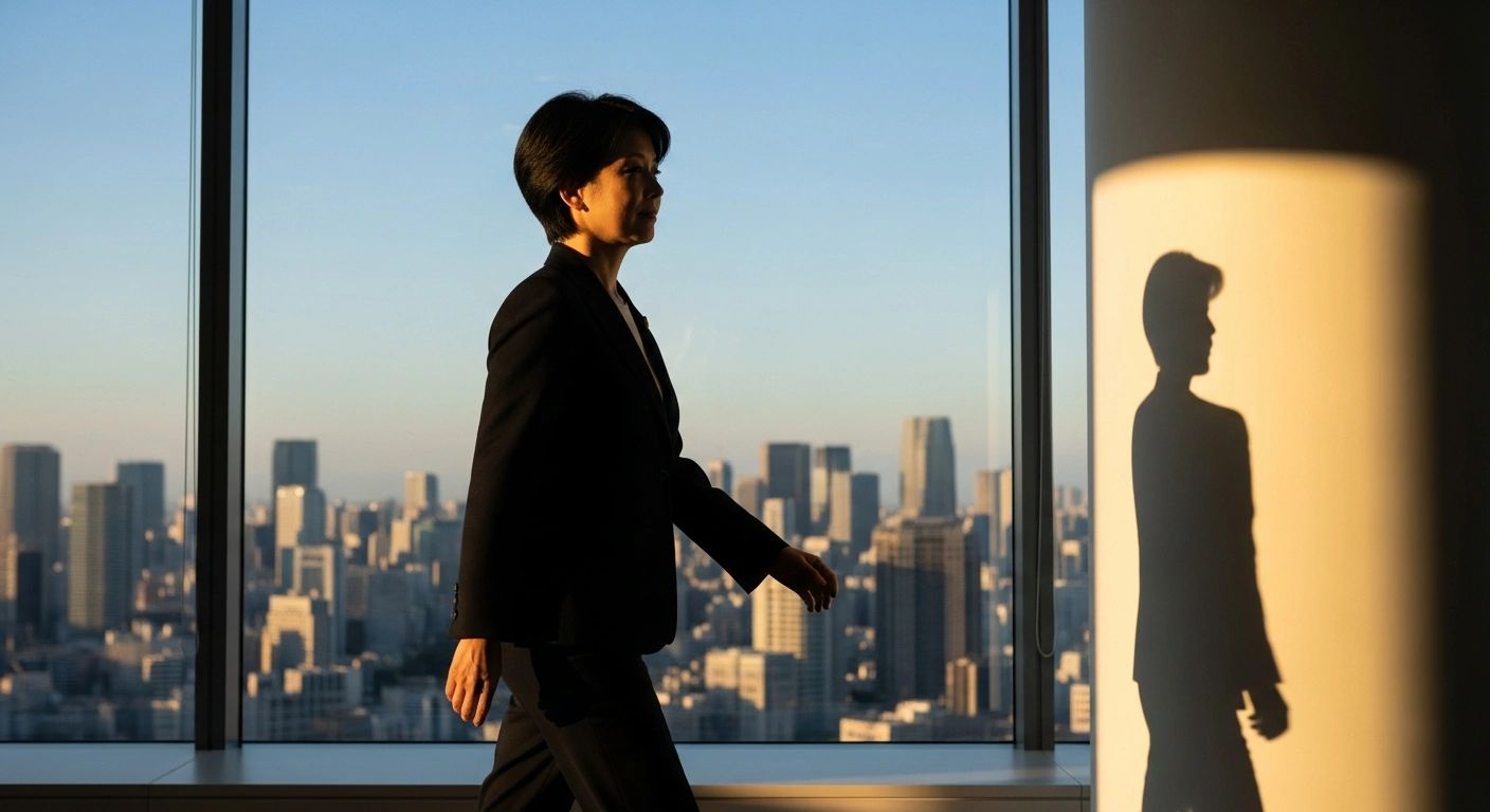 A photorealistic image depicts Japanese Prime Minister Sanae Takaichi, recognized as 'the world's most powerful woman,' standing confidently in a modern office with a Tokyo cityscape visible through a large window, symbolizing her historic mandate to enact significant reforms and lead Japan's future.