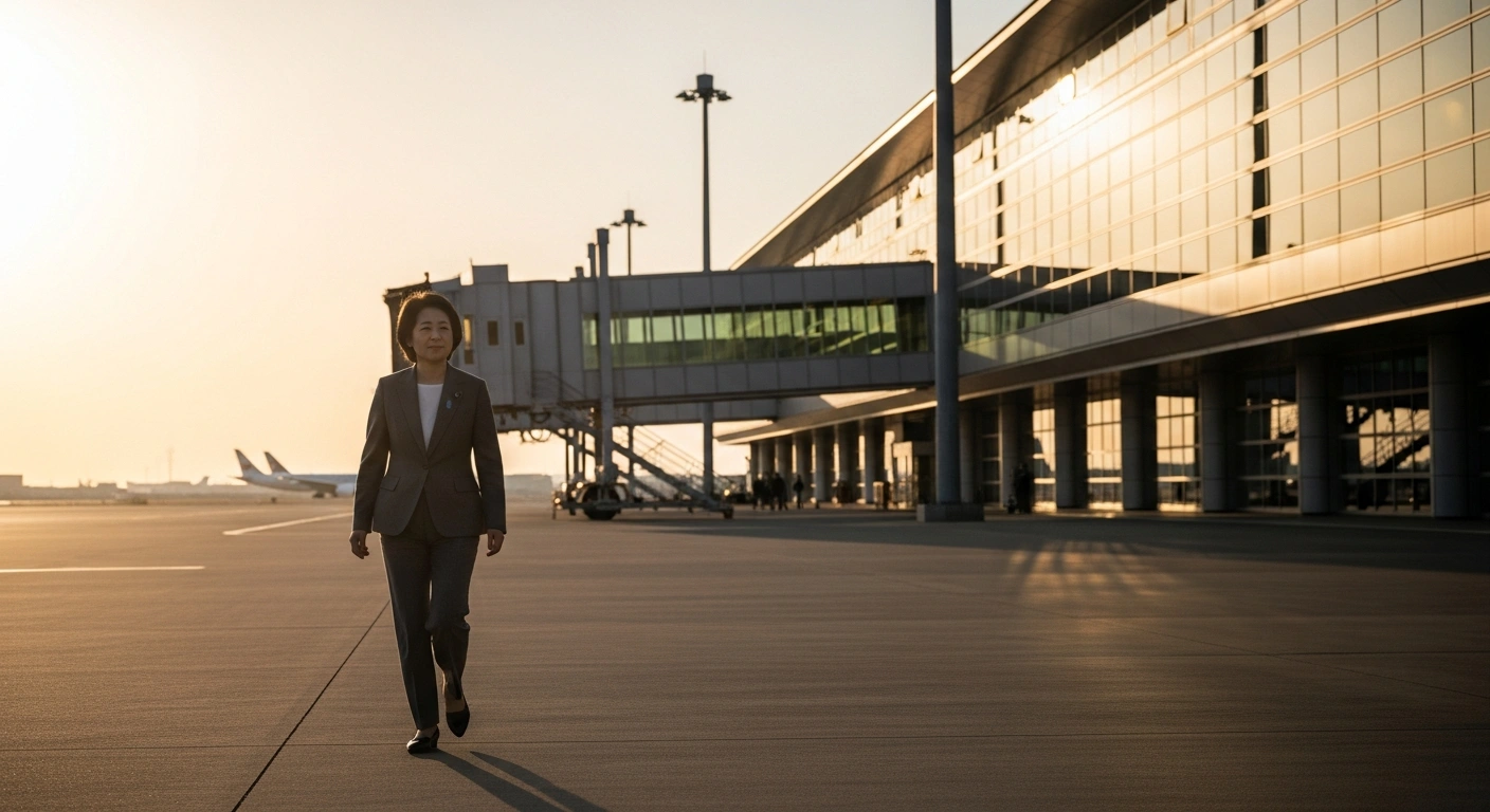 Japanese Prime Minister Sanae Takaichi walks across a Tokyo airport tarmac after returning from diplomatic visits to Vietnam and Australia.