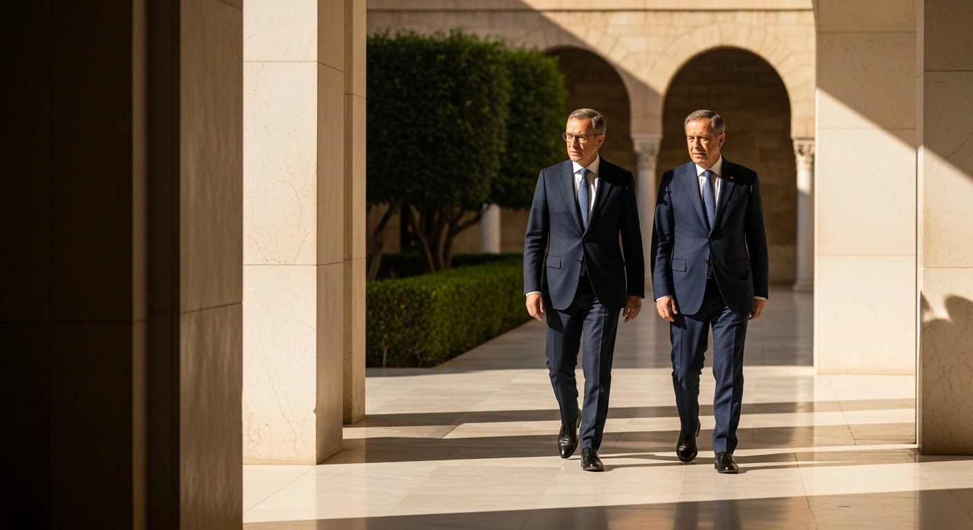 Spanish Prime Minister Pedro Sanchez walks through a sunlit courtyard in Algeria to discuss diplomatic relations and energy cooperation.