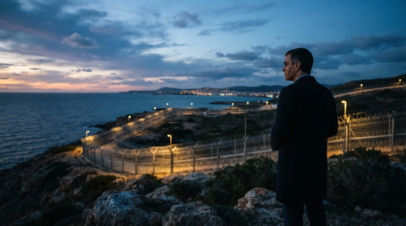 Spanish Prime Minister Pedro Sanchez stands overlooking the border fence in Ceuta during the ongoing migrant crisis.
