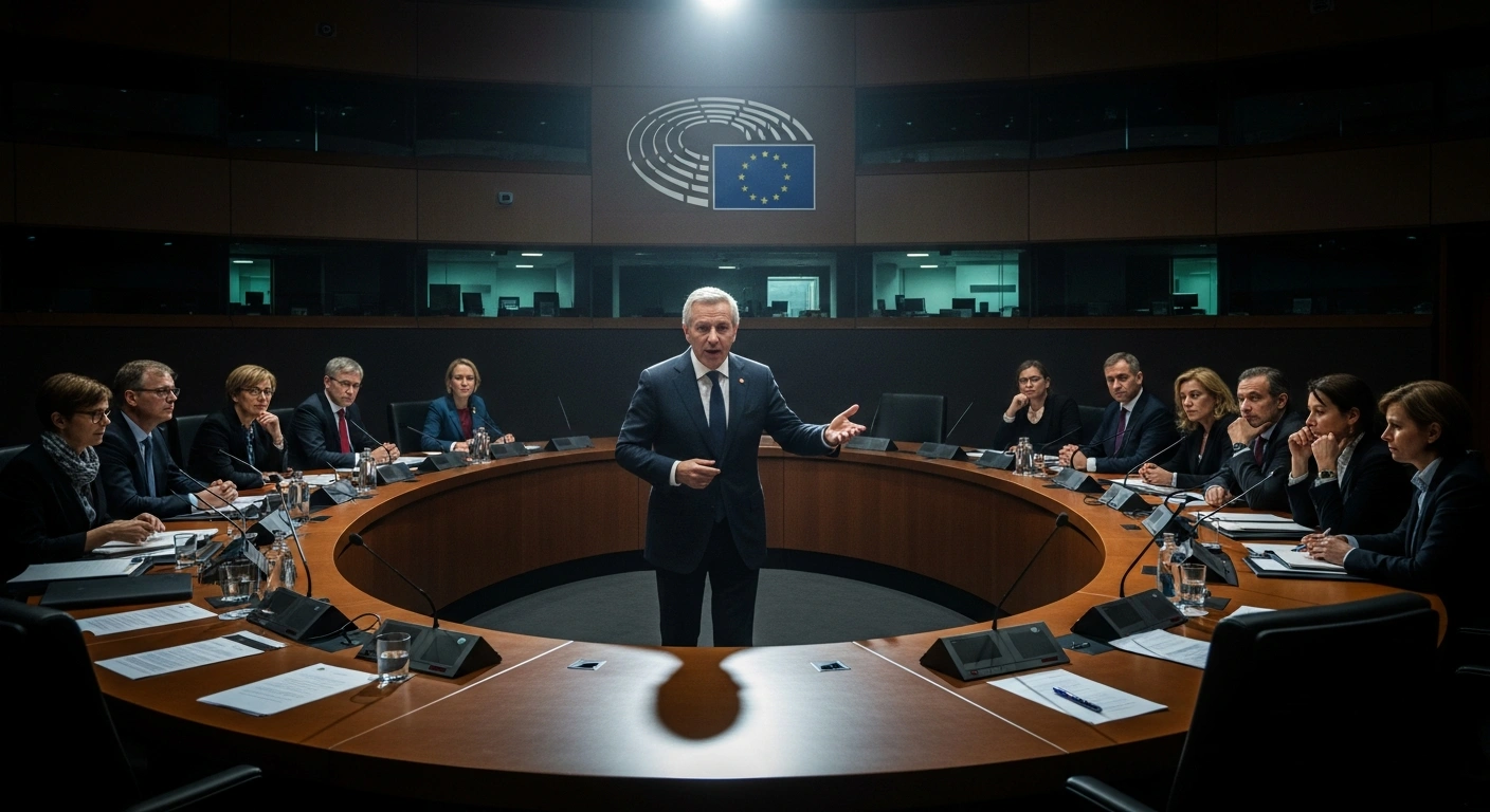 A charismatic leader, representing Spanish Prime Minister Pedro Sánchez, stands at a polished crescent-shaped table in a grand European council chamber, addressing attentive European leaders about ambitious budgets and collective solutions for an influential Europe, including the 2028-2034 Multiannual Financial Framework, Ukraine aid, Middle East policy, digital sovereignty, and the Green Deal.