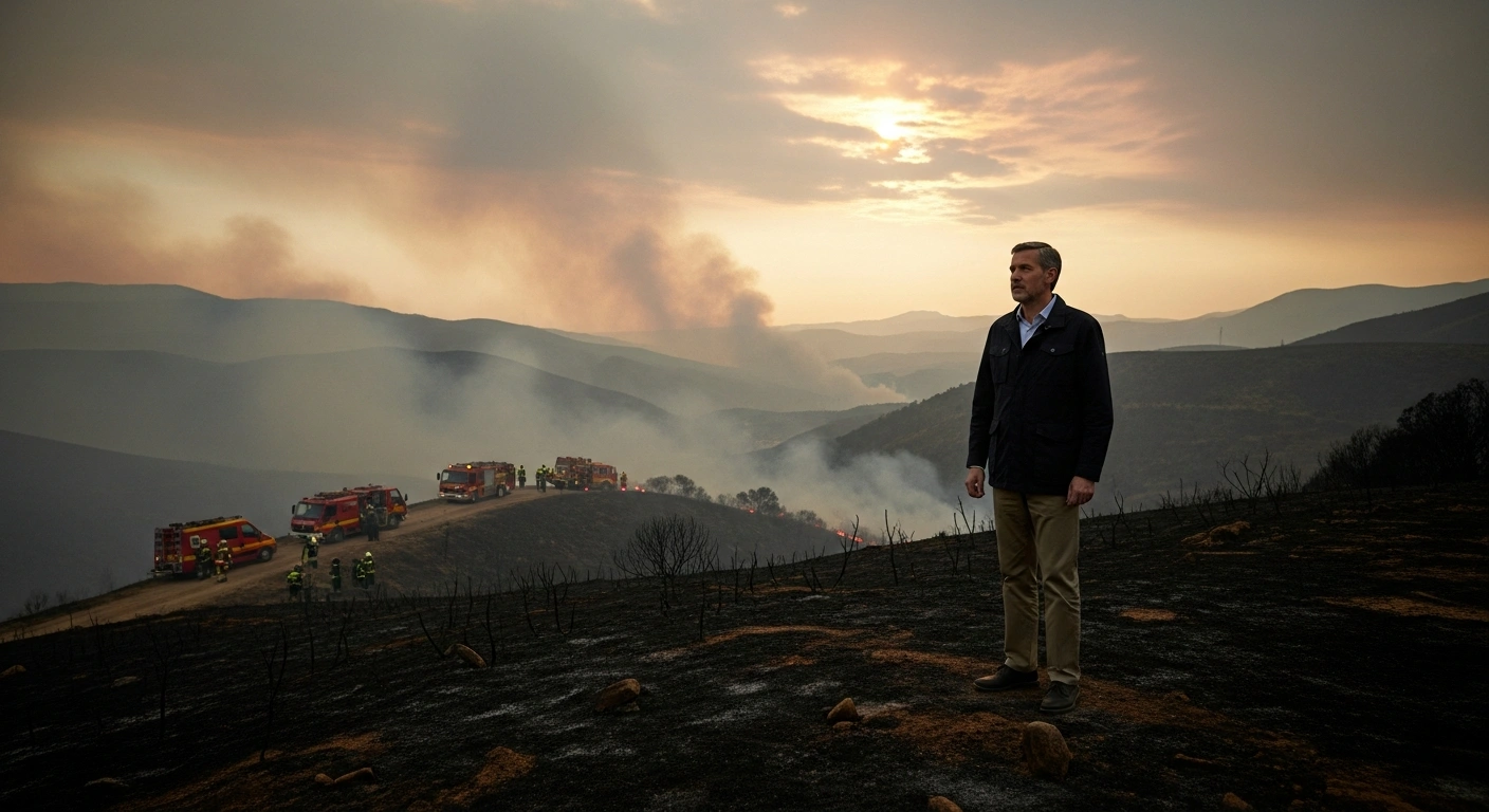 Spanish Prime Minister Pedro Sánchez surveys the damage at a wildfire site in Los Gallardos, Almería, while emergency responders work in the background.