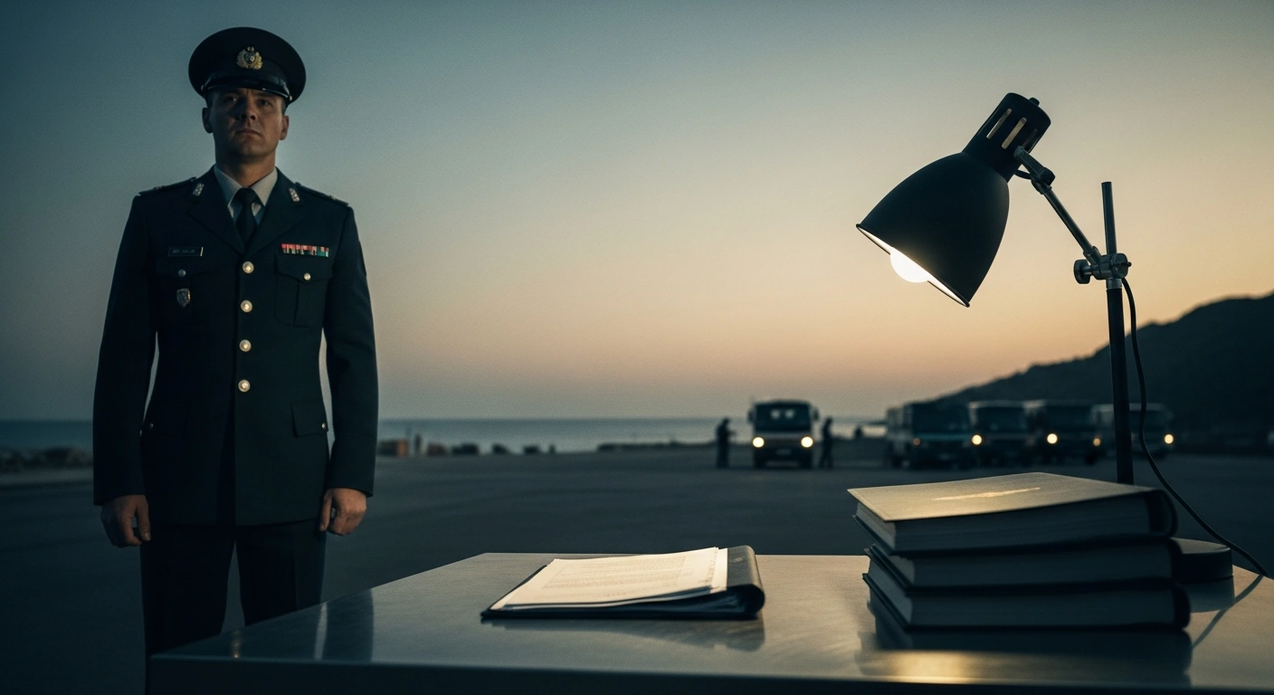 A South African National Defence Force military police officer investigates procurement documents related to the 2024 Armed Forces Day event in Richards Bay.