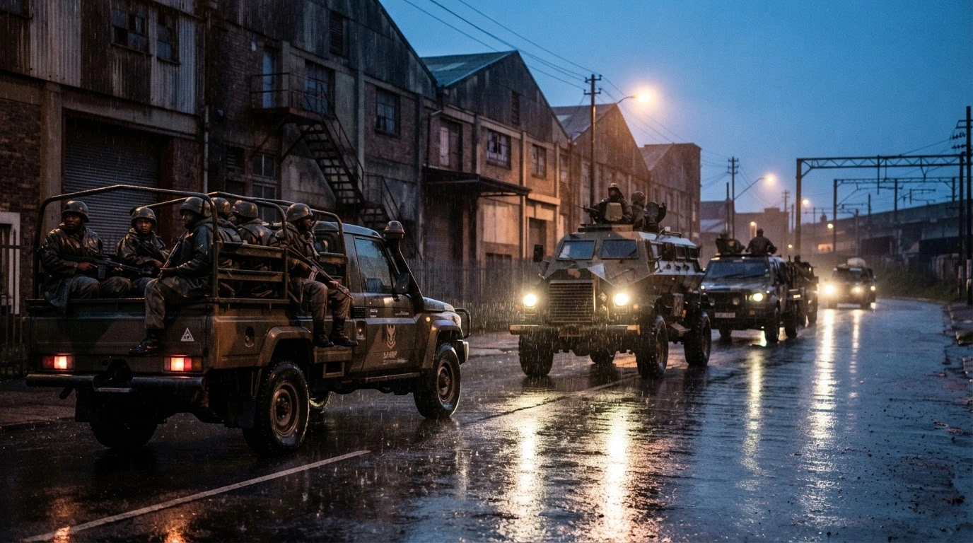 South African National Defence Force armored vehicles patrol a street in Durban to restore order and protect infrastructure.