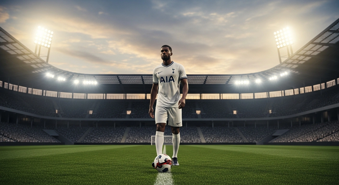 Sandro Tonali stands on the pitch at a stadium after completing his transfer to Tottenham Hotspur.