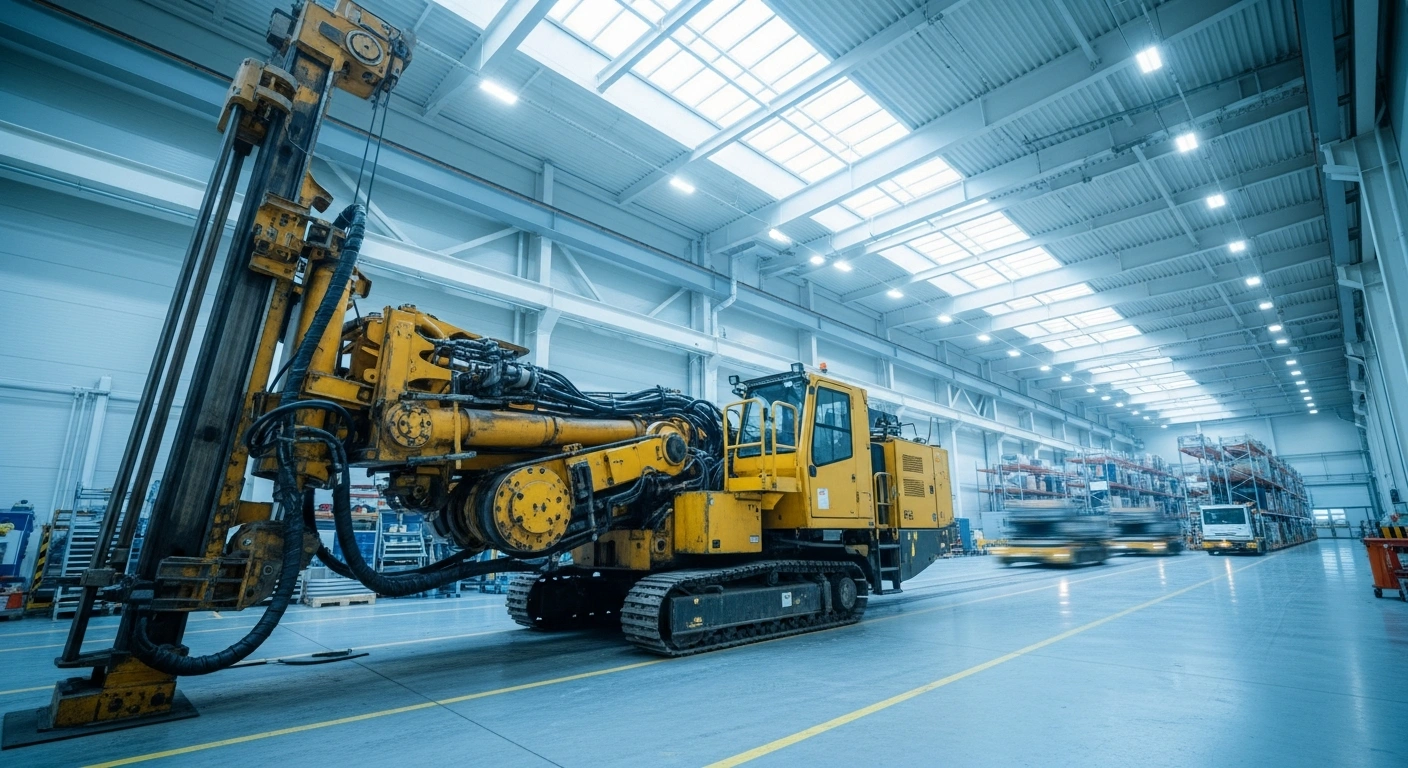 A large yellow underground mining drill rig stands inside a modern Sandvik manufacturing facility in Finland, highlighting the company's expanded production and logistics capabilities.
