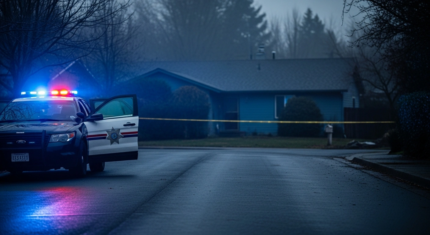 Emergency vehicles and police tape surround a residential home in Sandy, Oregon, following a fatal domestic violence shooting incident.