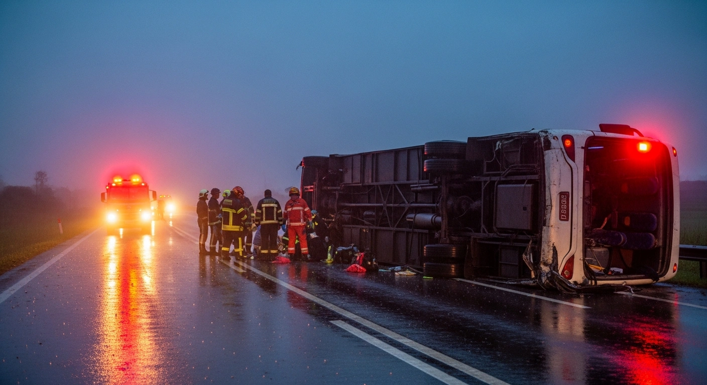 Emergency responders work at the scene of an overturned tour bus on a highway in Santa Catarina following a fatal accident.