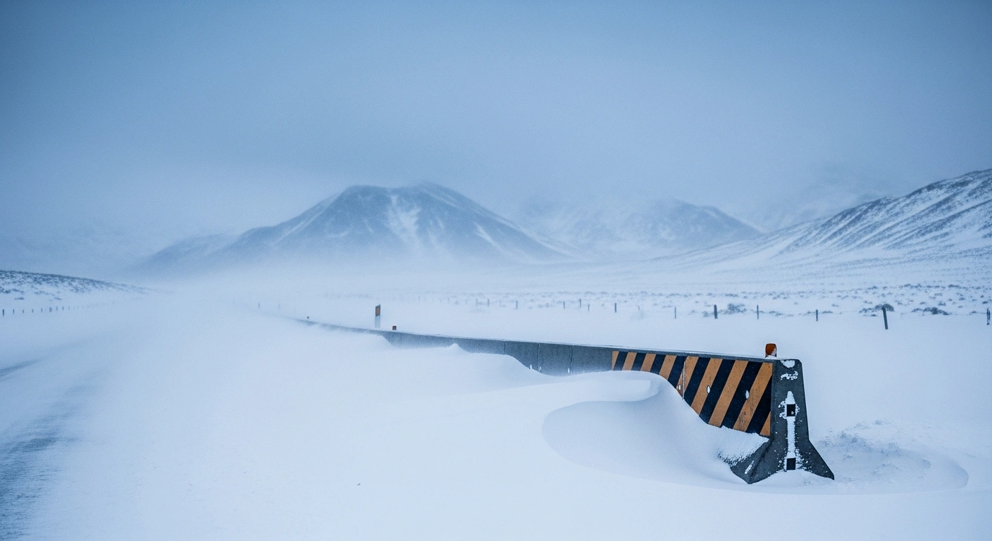 A snow-covered highway in Santa Cruz, Argentina, is blocked by heavy snowfall during a severe weather event.