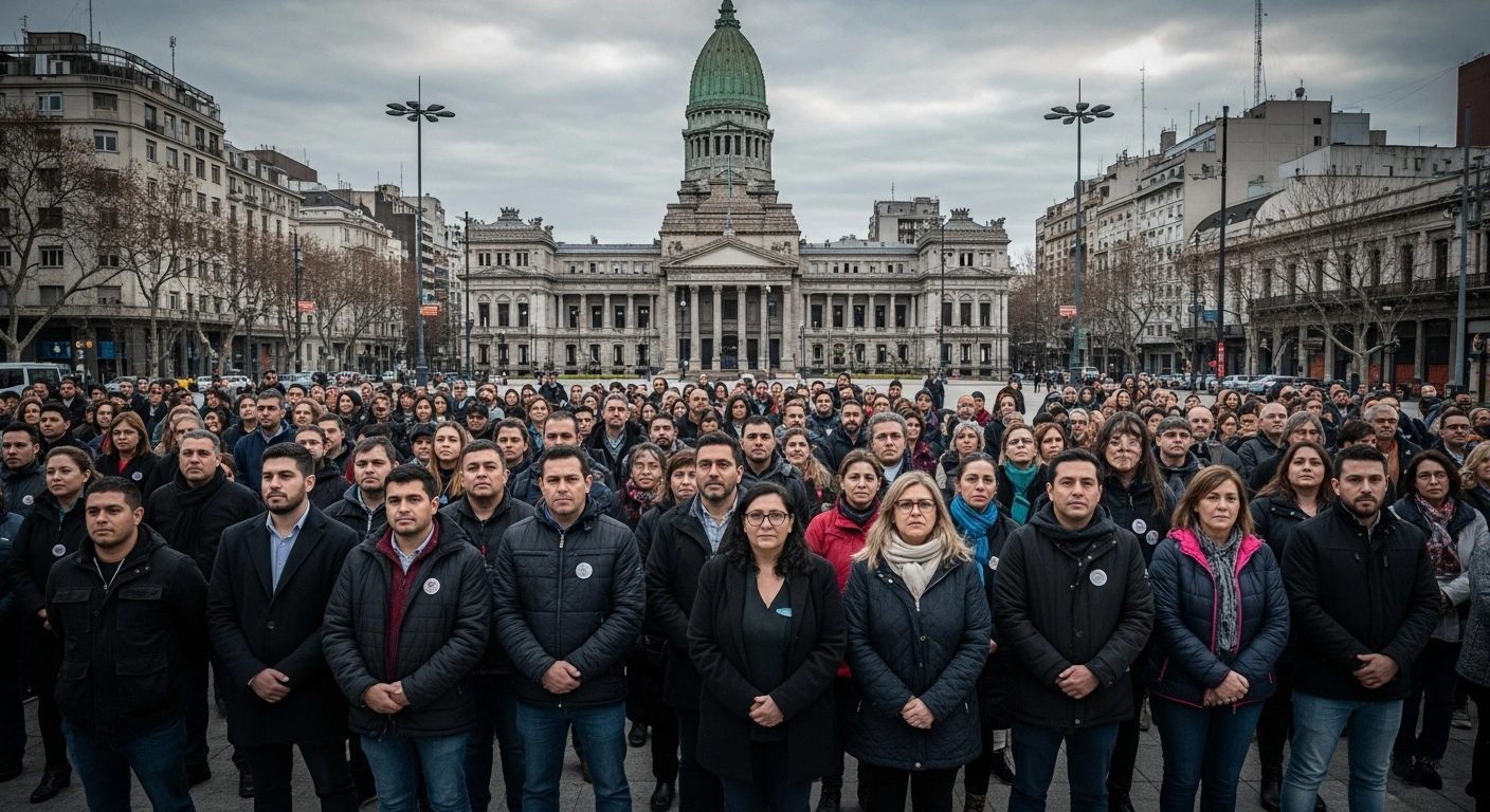 Public sector employees in Santa Fe, Argentina, gather in a city plaza to participate in a 72-hour strike protesting economic policies and demanding wage increases.