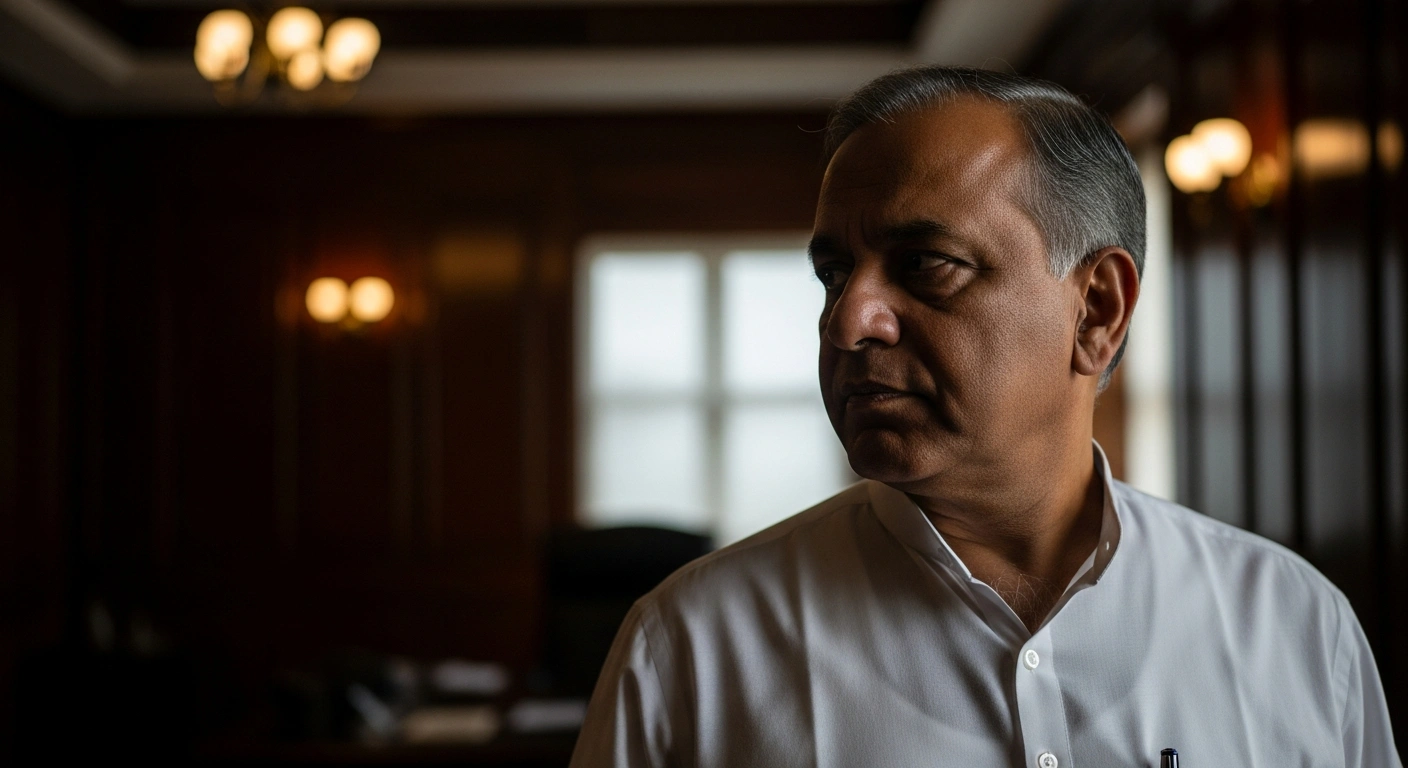 Former Rajya Sabha MP and TMC spokesperson Santanu Sen stands in a dimly lit office following his resignation from the Trinamool Congress.