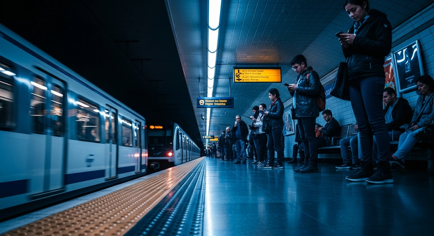 Commuters wait on a crowded platform at Los Libertadores station during a technical delay on Metro de Santiago's Line 3.