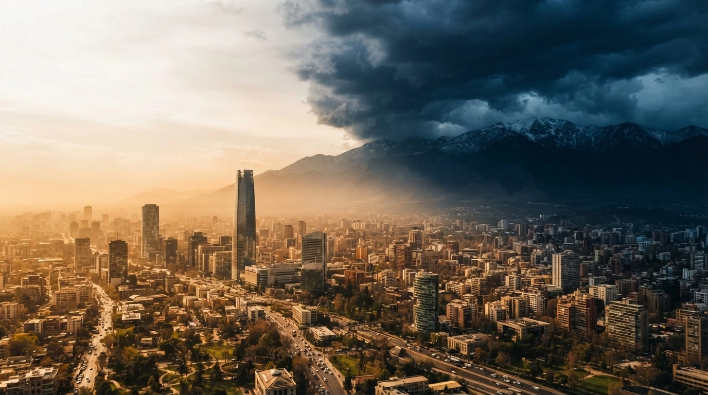 A view of the Santiago skyline under warm sunlight with dark storm clouds approaching from the Andes mountains to signal a change in weather.