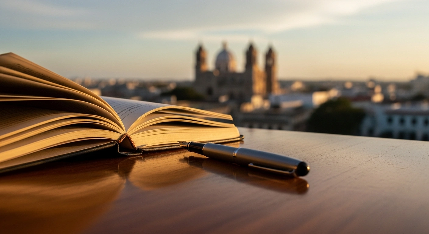 A weathered, open journalist's notebook with a fountain pen rests on a polished wooden surface, bathed in golden hour light, with a blurred Santo Domingo skyline in the background, symbolizing the legacy of prominent journalist and lawyer Hugo Ysalguez.