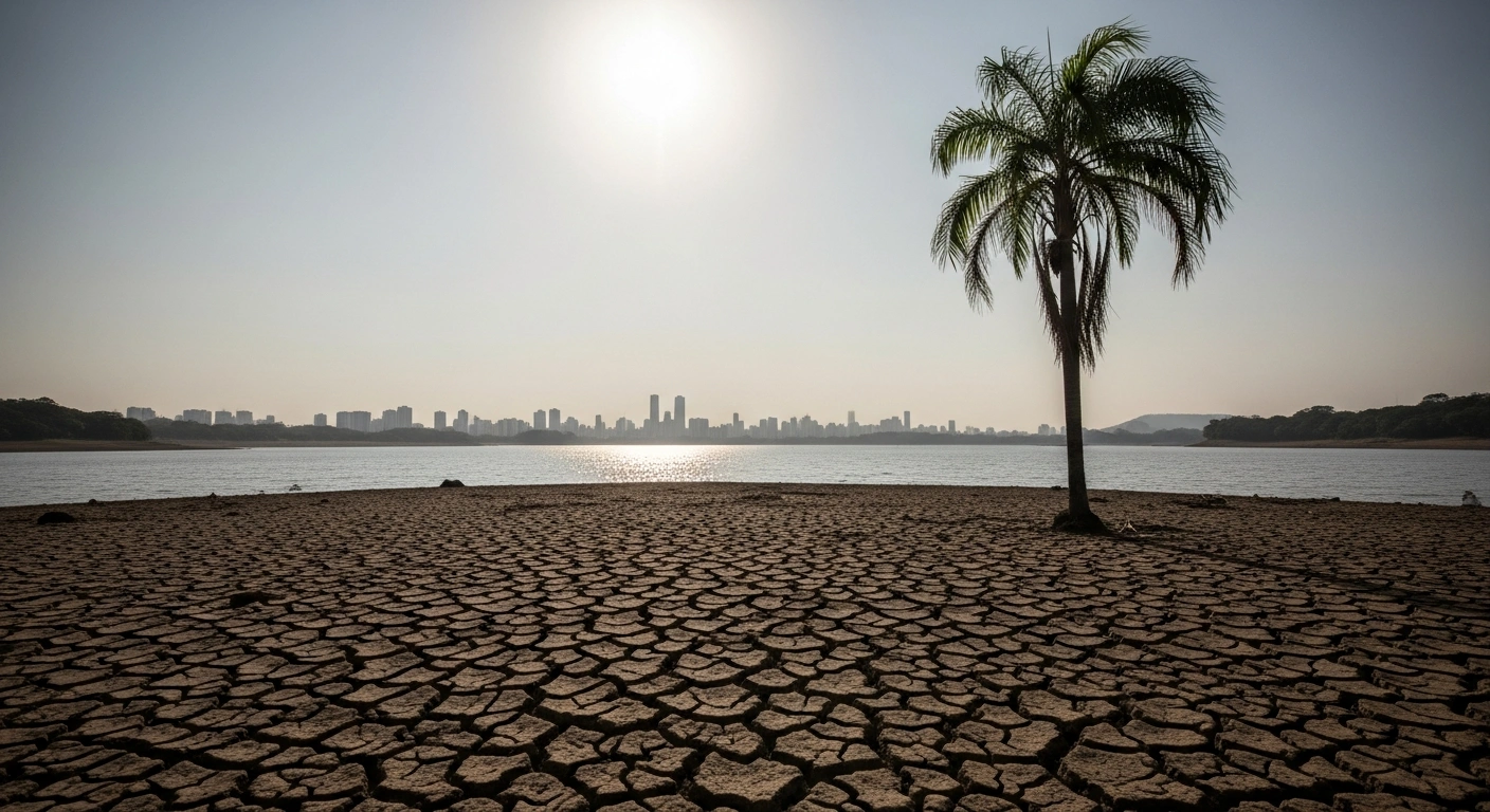 A wide, low-angle view of a parched, cracked reservoir bed in São Paulo, Brazil, under a hazy, oppressive sun, with a distant city skyline, symbolizing the record-breaking 36.2°C heatwave in December 2025 that impacted public health and water resources before anticipated rainfall.