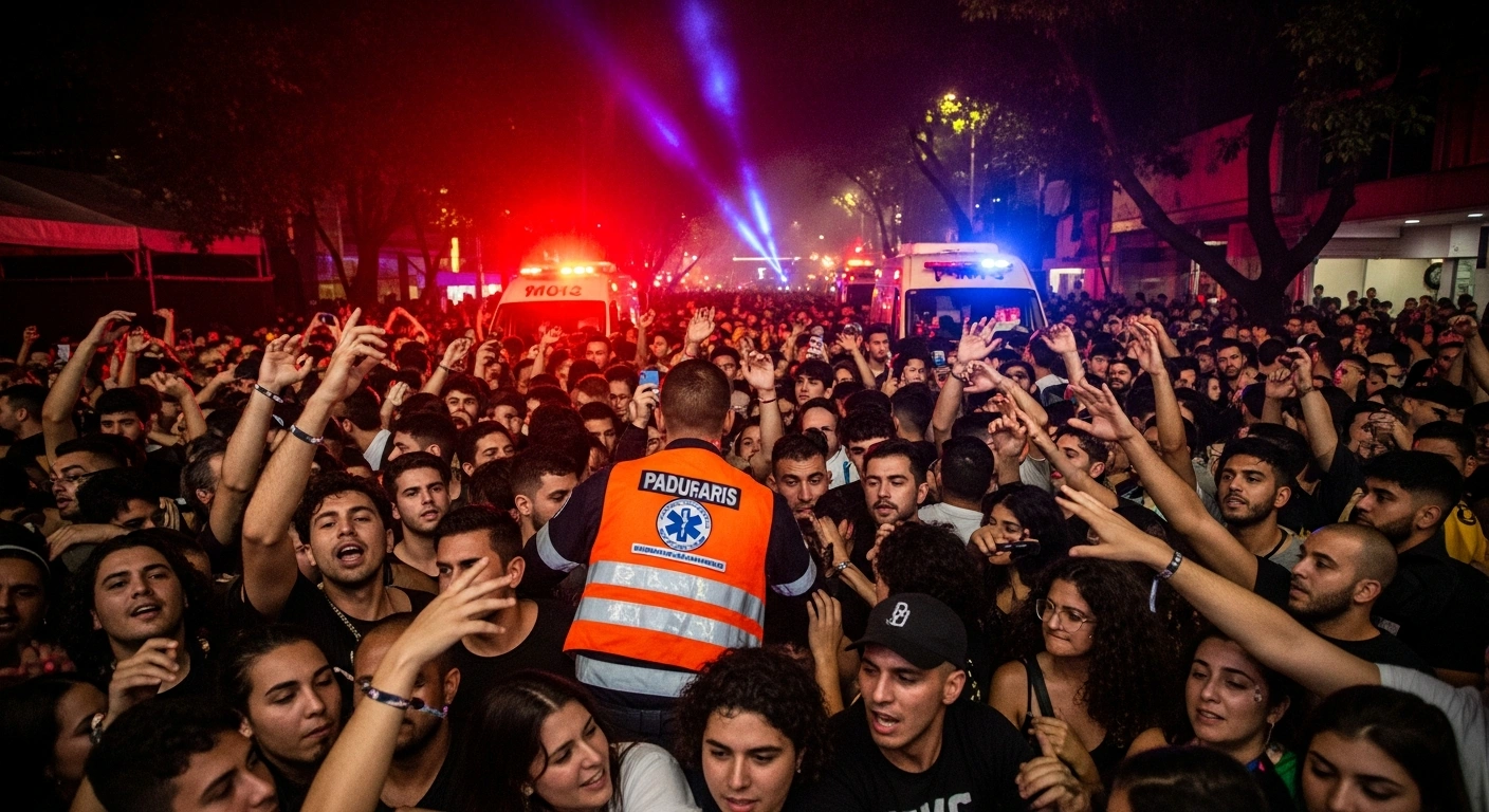 A chaotic and densely packed pre-Carnival block party on Rua da Consolação in São Paulo, illuminated by neon lights and emergency vehicle flashes, shows an overwhelming crowd with some attendees receiving medical assistance amidst a visible police presence.