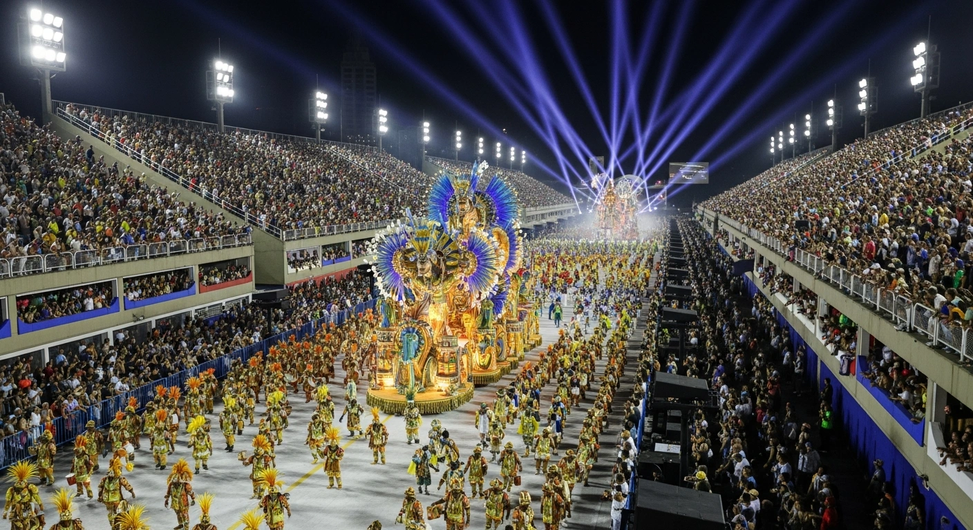 An aerial view captures the vibrant Anhembi Sambadrome in São Paulo, Brazil, at night, showcasing an elaborate float surrounded by dancers in colorful, feathered costumes during a samba school parade as part of the city's Carnival celebrations.