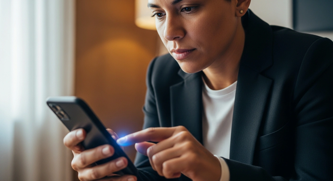 A person thoughtfully interacts with a digital health application on a smartphone, assessing their alcohol consumption patterns, representing São Paulo City Hall's 'Modera SP' tool within the e-saúdeSP app.