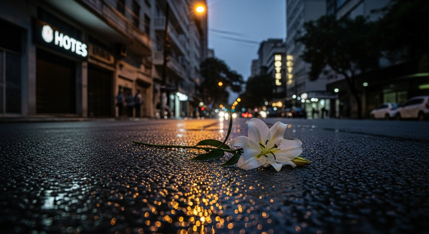 A somber, rain-slicked street in São Paulo, Brazil, outside a hotel in Vila Mariana, with a wilting white lily on the wet asphalt, symbolizing the tragic death of medical student Marco Aurélio Cardenas Acosta, for which two military police officers will face a popular jury trial.