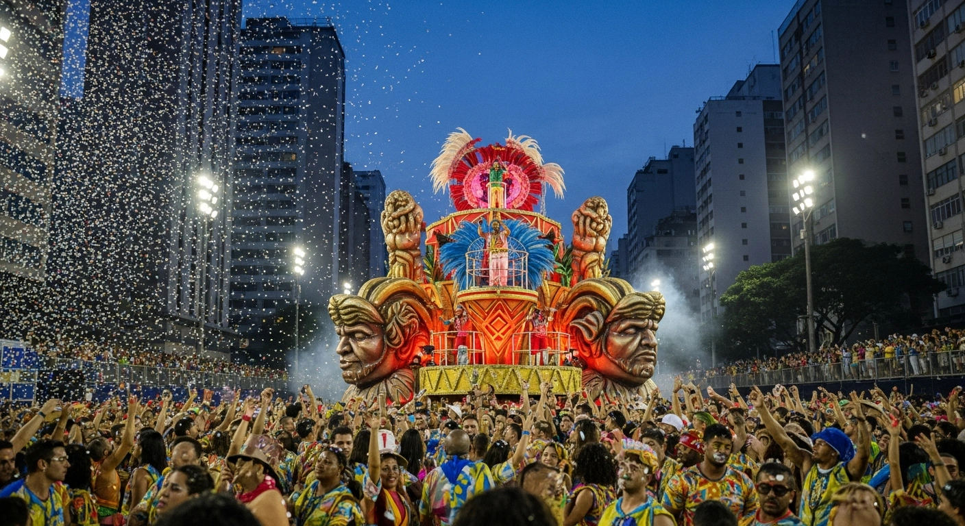 A vibrant post-Carnival parade in São Paulo shows a large, intricately designed float illuminated by multi-colored lights, with a charismatic performer on top, surrounded by a vast crowd of revelers in colorful costumes dancing under a twilight sky, reflecting the city's enduring festive spirit.