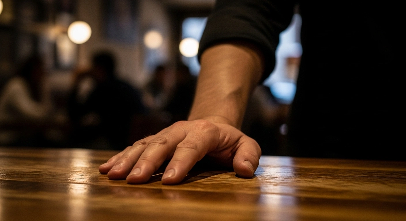 A close-up shot shows a server's hand resting on a bar counter, symbolizing the burden of São Paulo's ICMS tax on tips for restaurant and bar workers, which a federation criticizes as arbitrary.