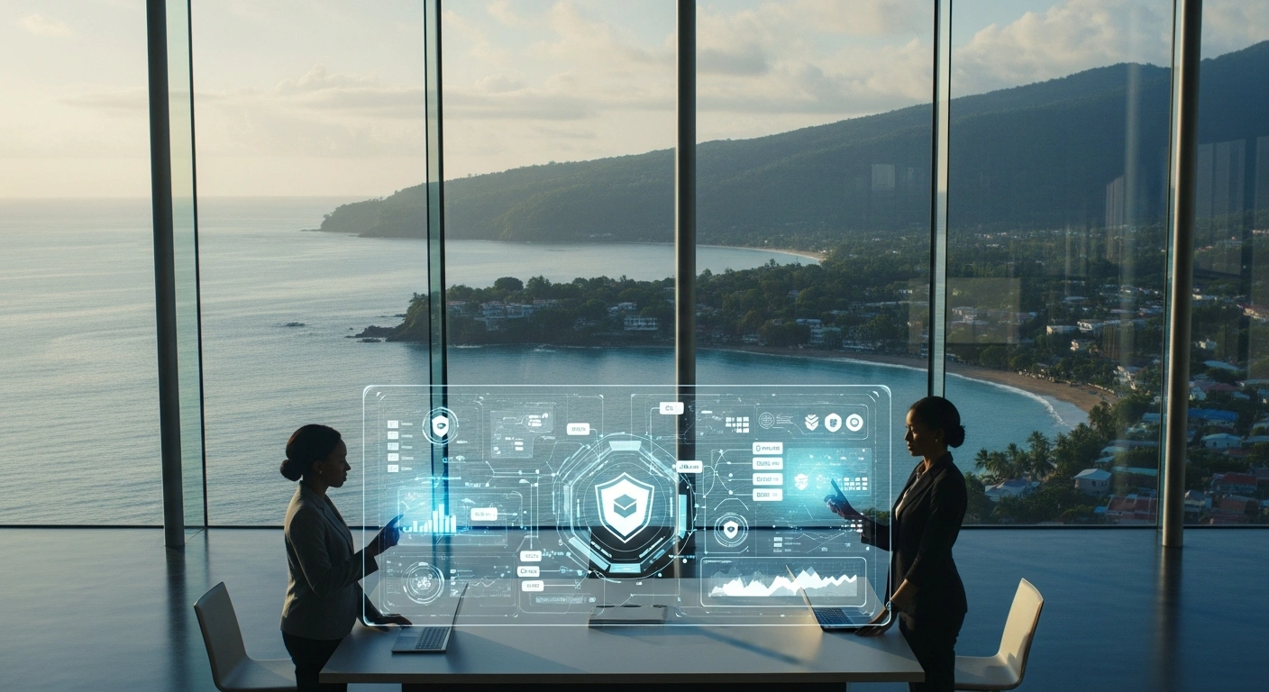 Two professionals collaborate on a digital data protection project in a modern office overlooking the coast of São Tomé and Príncipe, representing a partnership with Macau.