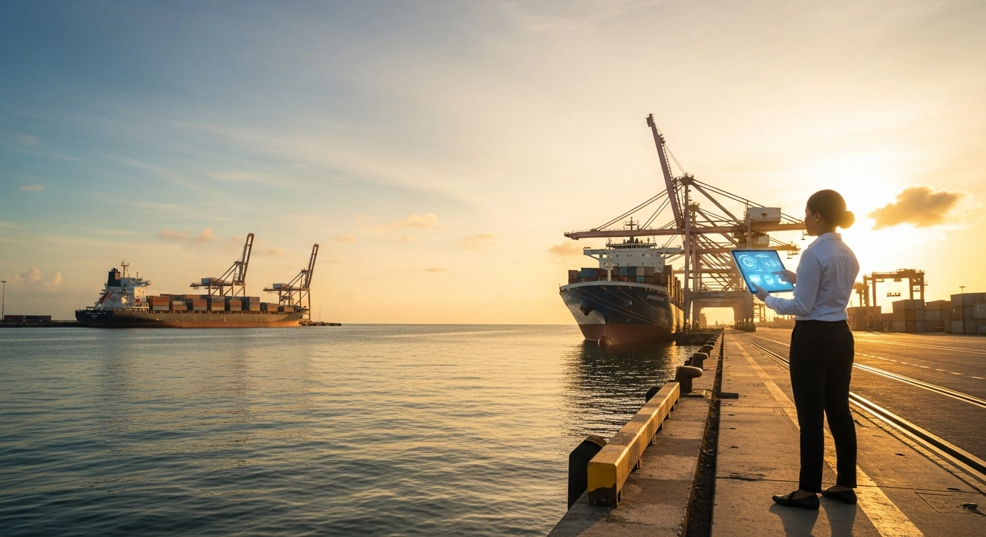 An international expert evaluates port operations at a maritime terminal in Sao Tome and Principe to implement a new digital single window system.