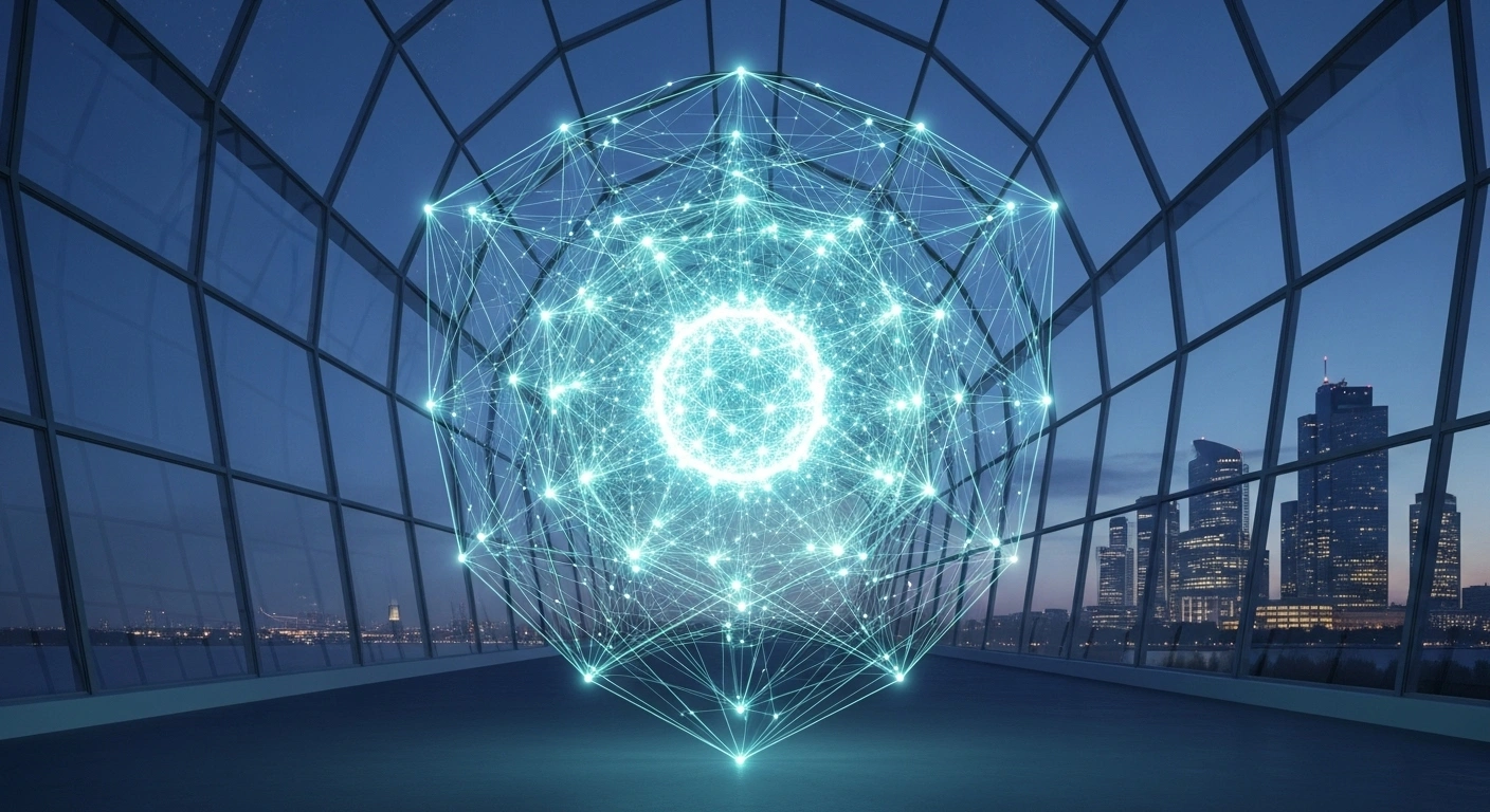 A futuristic digital space features a luminous, interconnected network of blue and green light pulses, symbolizing the integration of SAP's enterprise applications and OpenAI's AI technology, encased within a transparent, geometric shield representing data sovereignty, set against a modern German skyline at twilight.