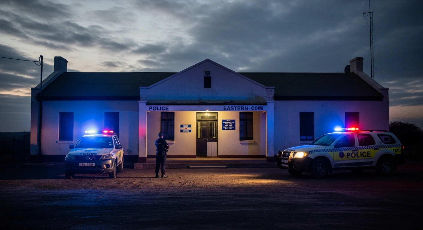 A South African police officer stands outside the Asfondering police station at night during a manhunt for eight escaped detainees.