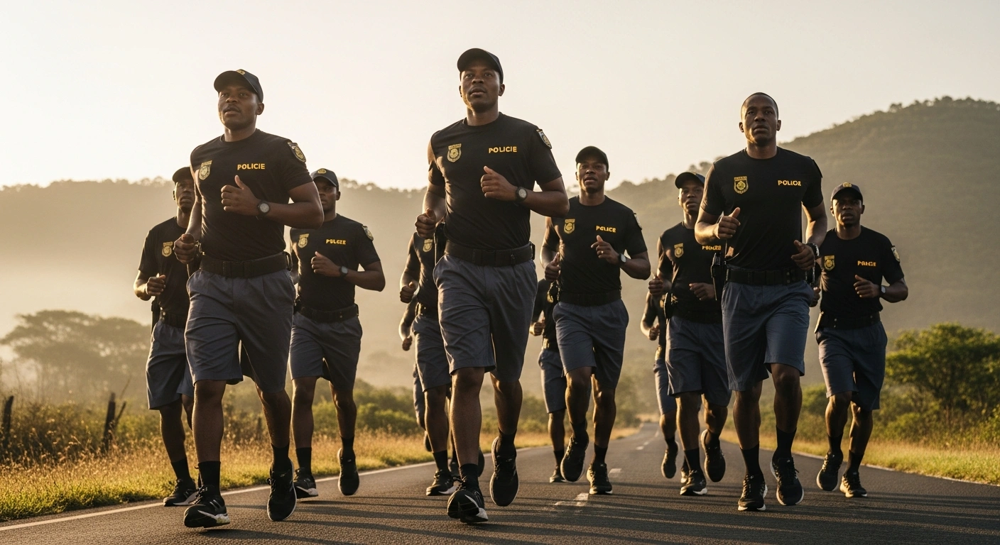 South African Police Service officers train for the Comrades Marathon while running along a scenic road in KwaZulu-Natal.
