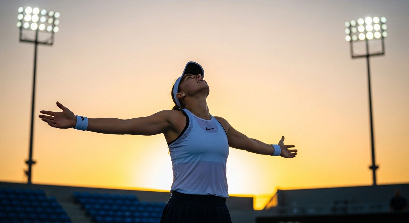 A young female tennis player, Sara Bejlek, stands on a tennis court with her arms raised in triumph under stadium lights, celebrating her first WTA Tour title win at the Mubadala Abu Dhabi Open after defeating Ekaterina Alexandrova.