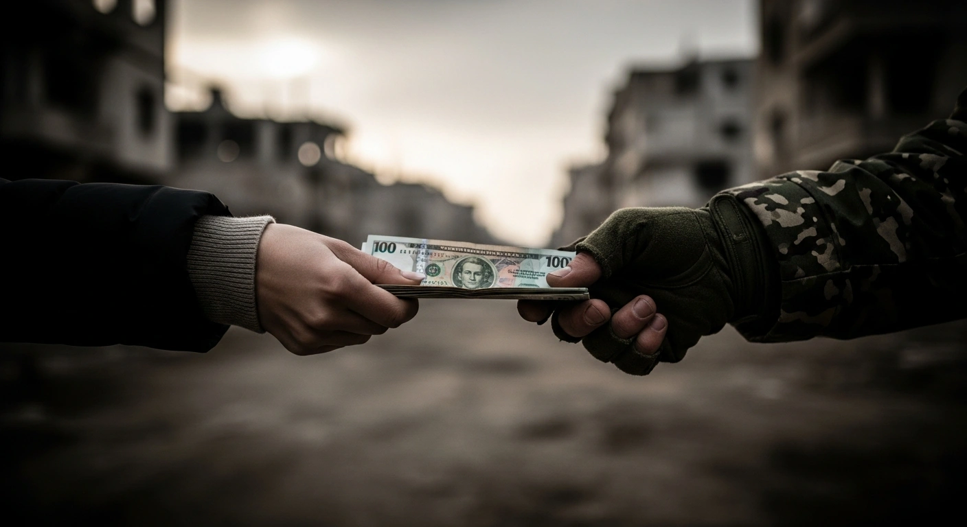 A close-up shows a hand holding foreign currency being passed to a gloved hand, with a blurred backdrop of war-damaged buildings, representing the alleged payments by Italian nationals to Bosnian Serb forces to shoot civilians during the 1992-1996 Siege of Sarajevo.
