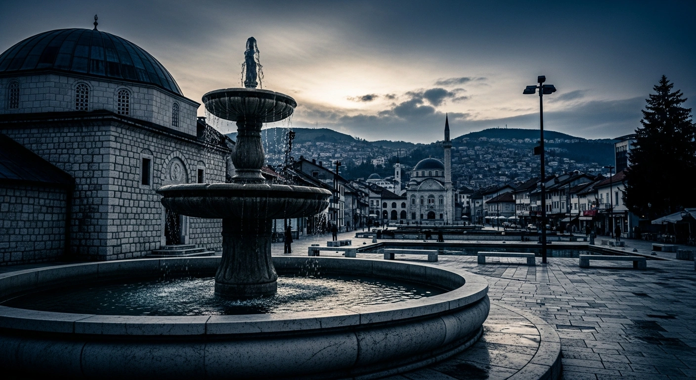 The historic Sebilj fountain stands in Sarajevo as a symbol of Bosnia and Herzegovina's sovereignty during a period of political tension.