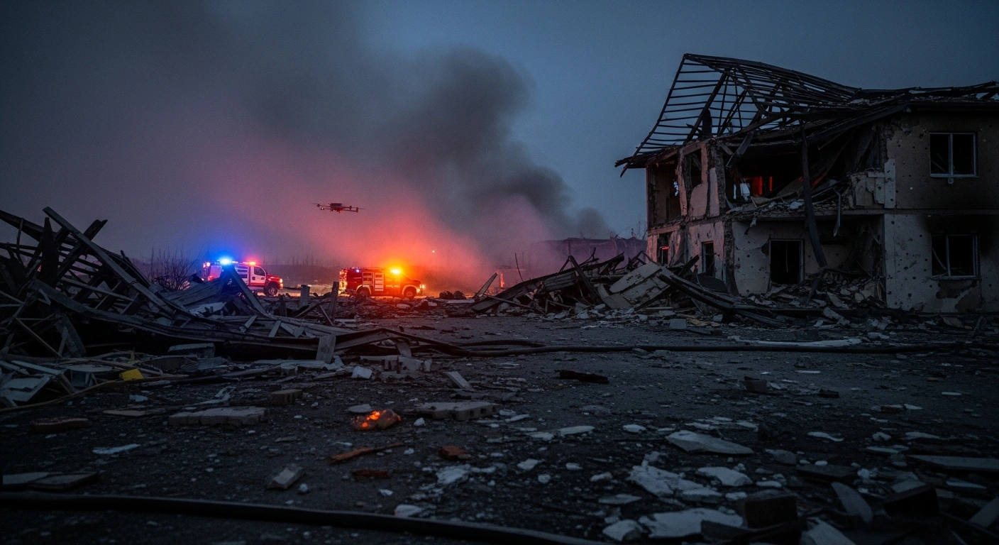 A residential building in Russia's Saratov region shows significant damage from a Ukrainian drone attack, with smoke rising from shattered windows and emergency lights flashing in the pre-dawn aftermath.