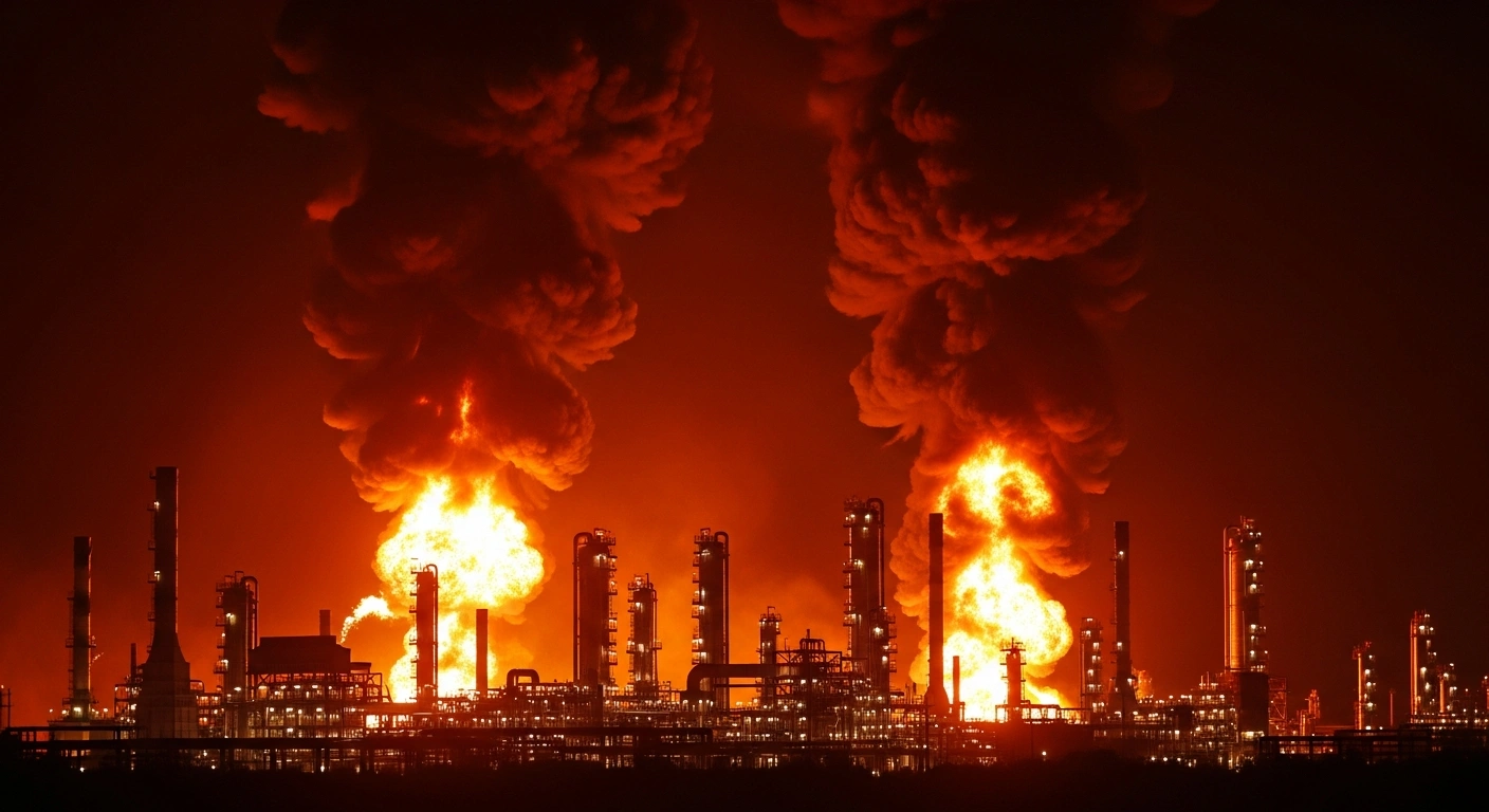 A wide, low-angle shot at night shows a massive oil refinery engulfed in a large fire and explosions, with thick black smoke rising into the sky, following a Ukrainian drone attack on the Rosneft-owned Saratov Oil Refinery.