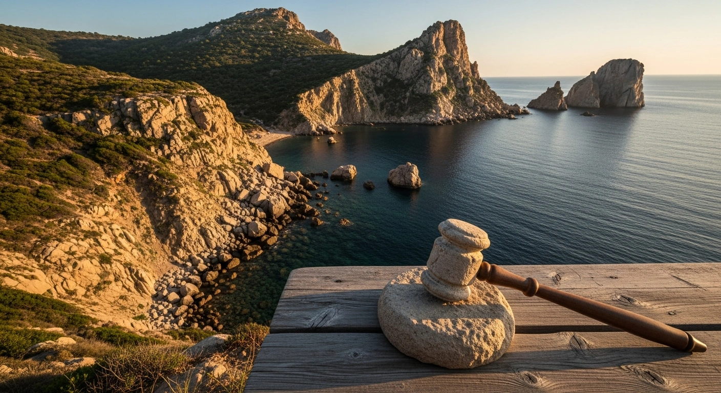 A symbolic gavel rests on a wooden surface overlooking the rugged Sardinian coastline to represent the Italian Constitutional Court ruling in favor of regional autonomy.