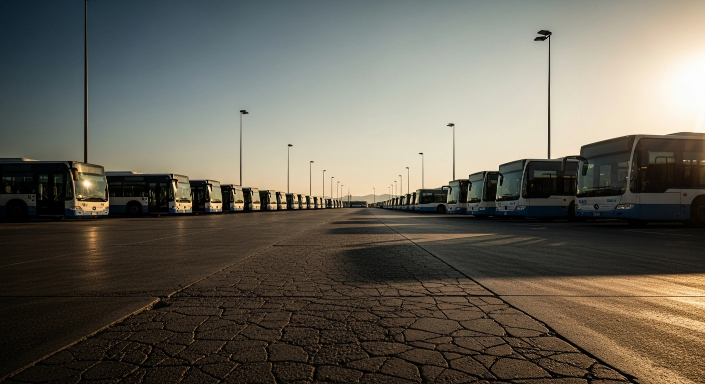 Empty Arst buses remain parked at a deserted terminal in Sardinia during a public transport labor strike.