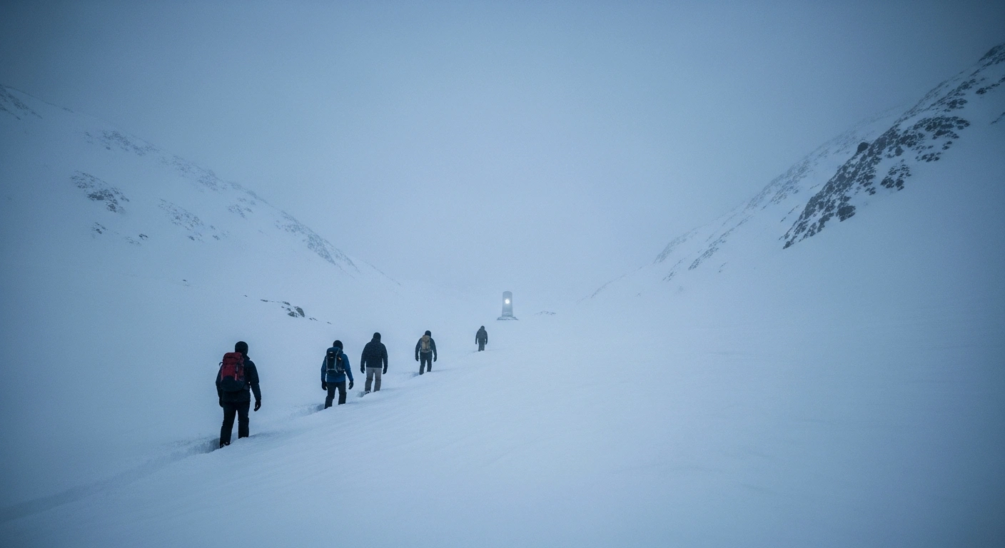 A small group of people, dressed in winter gear, walk through a vast, snow-covered mountain pass at dawn, commemorating the Ottoman soldiers who perished in extreme cold during the Sarıkamış Offensive.