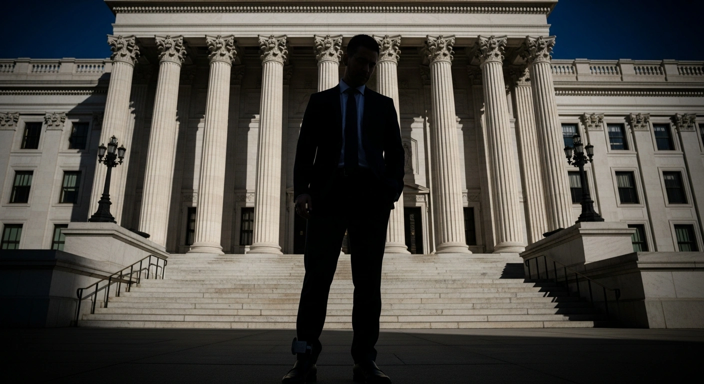 A somber, low-angle shot of a solitary, impeccably dressed figure, representing former President Nicolas Sarkozy, standing before a grand courthouse facade with a subtle electronic monitoring device visible on their ankle, symbolizing his upheld conviction for illegal campaign financing.